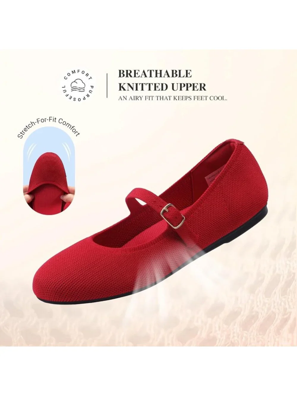 Women's Red Knit Mary Jane Ballet Flat Comfortable For Casual Office Shoes